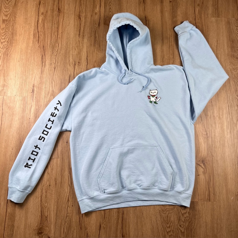 Riot Society Baby Blue Graphic Cat Hoodie Size Large